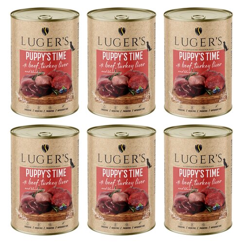Karma dla psa LUGER'S Puppy's Time z wołowiną, wątróbką z indyka i borówką 6 x 400 g