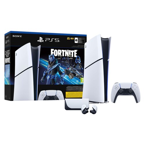 Konsola SONY PlayStation 5 Digital Slim Fortnite Cobalt - Zestaw Startowy + Słuchawki SONY Pulse Explore Bezprzewodowe, Dokanałowe, Dźwięk przestrzenny