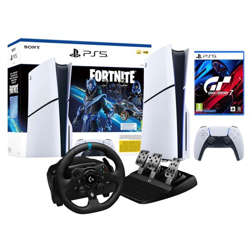 Konsola SONY PlayStation 5 Slim Fortnite Cobalt - Zestaw Startowy + Gran Turismo 7 Gra PS5 + Kierownica LOGITECH G923 PC/PS4