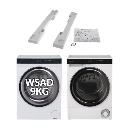 Pralka CANDY AI ProWash 700 BS 49B9-S 9kg 1400 obr ProActive EcoWash hOn Szybkie programy Higiena Plus + Suszarka CANDY AI ProDry 700 BS H9N2B-S z pompą ciepła 9kg AI Smart Move Warm Dry Pro hOn Active Scent + Zestaw podłączeniowy CANDY WSK1101 2 STD