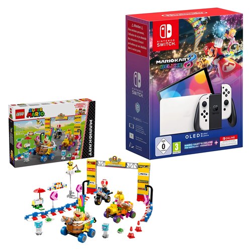Konsola NINTENDO Switch Oled Biała + Mario Kart 8 Deluxe + NINTENDO Switch Online 12 miesięcy + LEGO 72036 Super Mario Mario Kart Zestaw Baby Peach i Grand Prix