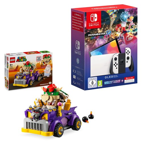 Konsola NINTENDO Switch Oled Biała + Mario Kart 8 Deluxe + NINTENDO Switch Online 12 miesięcy + LEGO 71431 Super Mario Muscle car Bowsera - zestaw rozszerzający