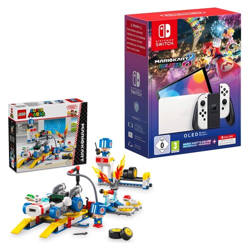 Konsola NINTENDO Switch Oled Biała + Mario Kart 8 Deluxe + NINTENDO Switch Online 12 miesięcy + LEGO 72035 Super Mario Mario Kart Toad i jego garaż