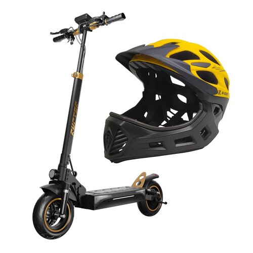 Hulajnoga elektryczna RUPTOR R1 Lite V2 60km 500W 10" Miedziany + Kask XRIDER XR00KFH01 Czarno-żółty Full Face z odpinaną szczęką (rozmiar S)