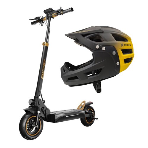 Hulajnoga elektryczna RUPTOR R1 Lite V2 60km 500W 10" Miedziany + Kask XRIDER XR00FH01 Czarno-żółty Full Face MTB z odkręcaną szczęką (rozmiar L)