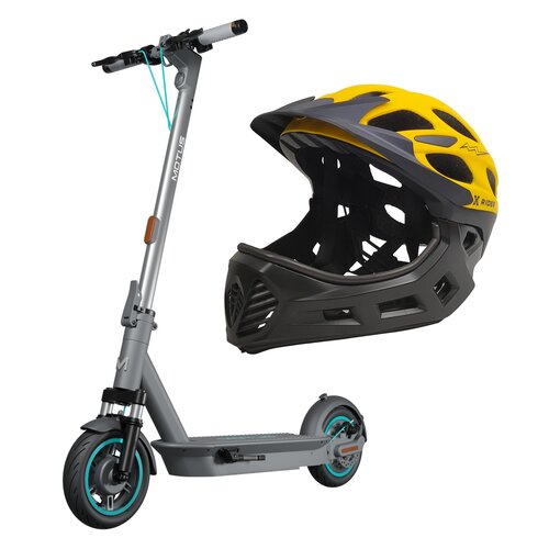 Hulajnoga elektryczna MOTUS Scooty 10 Plus Gen 6 65km 500W Amortyzacja 10" Szary + Kask XRIDER XR00KFH01 Czarno-żółty Full Face z odpinaną szczęką (rozmiar S)