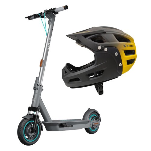 Hulajnoga elektryczna MOTUS Scooty 10 Plus Gen 6 65km 500W Amortyzacja 10" Szary + Kask XRIDER XR00FH01 Czarno-żółty Full Face MTB z odkręcaną szczęką (rozmiar L)