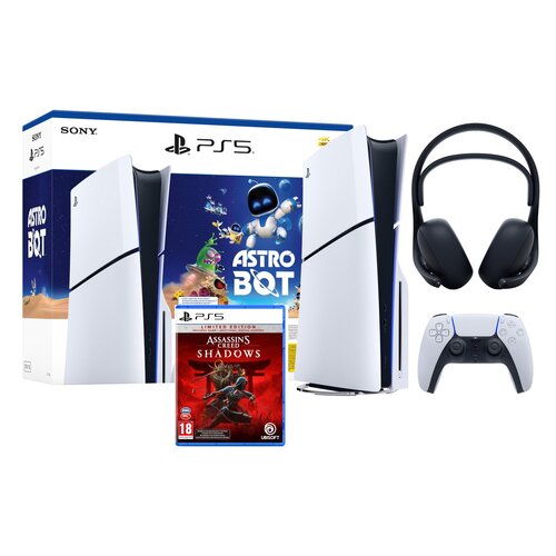 Konsola SONY PlayStation 5 Slim + Gra PS5 Astro Bot + Assassin's Creed Shadows - Edycja Limitowana Gra PS5 + Słuchawki SONY Pulse Elite Bezprzewodowe, Nauszne, Dźwięk przestrzenny