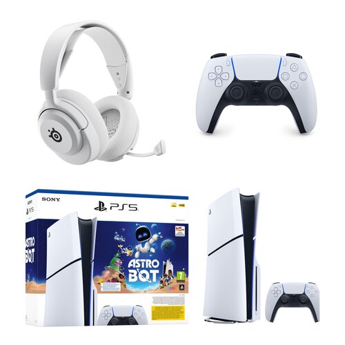 Konsola SONY PlayStation 5 Slim + Gra PS5 Astro Bot + Kontroler SONY DualSense Biały + Słuchawki STEELSERIES Arctis Nova 5P Wireless, Nauszne, Dźwięk przestrzenny Biały