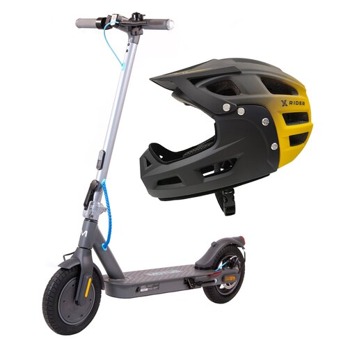 Hulajnoga elektryczna MOTUS Scooty 10 Lite Gen 4 30km 350W 10" Szary + Kask XRIDER XR00FH01 Czarno-żółty Full Face MTB z odkręcaną szczęką (rozmiar L)