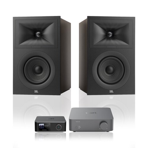 Wzmacniacz WIIM Vibelink Amp Ciemnoszary + Streamer odtwarzacz sieciowy WIIM Ultra Szary + Podstawkowe kolumny głośnikowe JBL STAGE 2 250B Czarne (2 szt.), Obudowa MDF, Bas Reflex, Tweeter z anodyzowanego aluminium