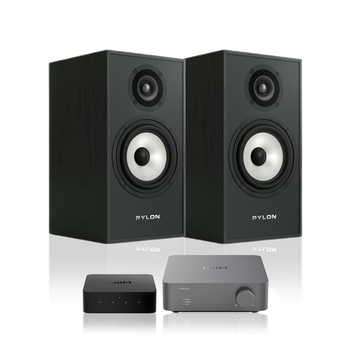 Wzmacniacz WIIM Vibelink Amp Ciemnoszary + Odtwarzacz sieciowy WIIM Pro Plus + Kolumny głośnikowe PYLON AUDIO Pearl Monitor Czarny jesion (2 szt.)