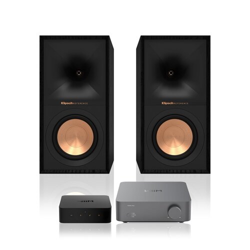 Wzmacniacz WIIM Vibelink Amp Ciemnoszary + Odtwarzacz sieciowy WIIM Pro Plus + Podstawkowe kolumny głośnikowe KLIPSCH R-50M Czarne (2 szt.), Obudowa MDF, Typ Bass Reflex, Membrana TCP w kolorze miedzi
