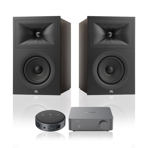 Wzmacniacz WIIM Vibelink Amp Ciemnoszary + Odtwarzacz sieciowy ARYLIC WiiM Mini Czarny + Podstawkowe kolumny głośnikowe JBL STAGE 2 250B Czarne (2 szt.), Obudowa MDF, Bas Reflex, Tweeter z anodyzowanego aluminium