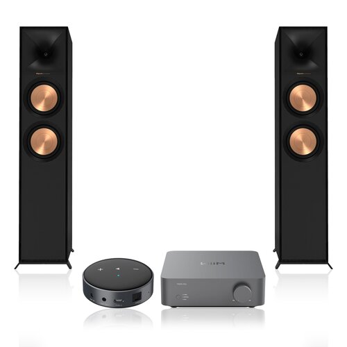 Wzmacniacz WIIM Vibelink Amp Ciemnoszary + Odtwarzacz sieciowy ARYLIC WiiM Mini Czarny + Podłogowa kolumna głośnikowa KLIPSCH R-600F Czarna (2 szt.), Obudowa MDF, Typ Bass Reflex, Port Tractrix, Miedziane membrany