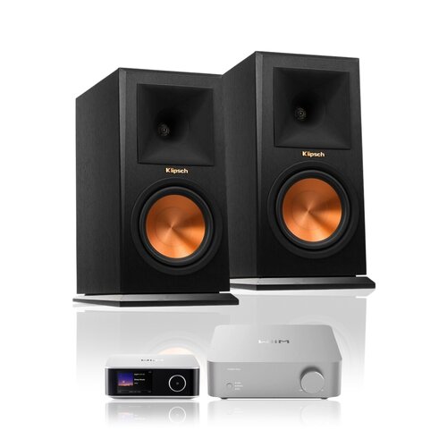 Wzmacniacz WIIM Vibelink Amp Srebrny + Streamer odtwarzacz sieciowy WIIM Ultra Srebrny + Kolumna głośnikowa KLIPSCH RP-160M Heban (2 szt.)