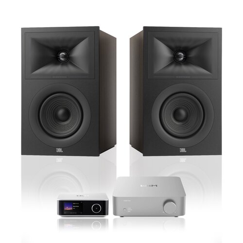 Wzmacniacz WIIM Vibelink Amp Srebrny + Streamer odtwarzacz sieciowy WIIM Ultra Srebrny + Podstawkowe kolumny głośnikowe JBL STAGE 2 250B Czarne (2 szt.), Obudowa MDF, Bas Reflex, Tweeter z anodyzowanego aluminium