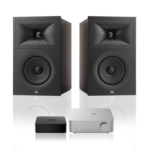Wzmacniacz WIIM Vibelink Amp Srebrny + Odtwarzacz sieciowy WIIM Pro Plus + Podstawkowe kolumny głośnikowe JBL STAGE 2 250B Czarne (2 szt.), Obudowa MDF, Bas Reflex, Tweeter z anodyzowanego aluminium