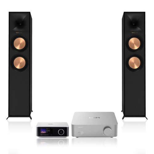 Wzmacniacz WIIM Vibelink Amp Srebrny + Streamer odtwarzacz sieciowy WIIM Ultra Srebrny + Podłogowa kolumna głośnikowa KLIPSCH R-600F Czarna (2 szt.), Obudowa MDF, Typ Bass Reflex, Port Tractrix, Miedziane membrany