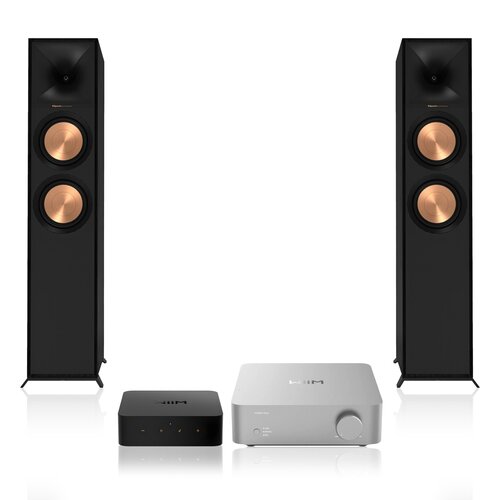 Wzmacniacz WIIM Vibelink Amp Srebrny + Odtwarzacz sieciowy WIIM Pro Plus + Podłogowa kolumna głośnikowa KLIPSCH R-600F Czarna (2 szt.), Obudowa MDF, Typ Bass Reflex, Port Tractrix, Miedziane membrany