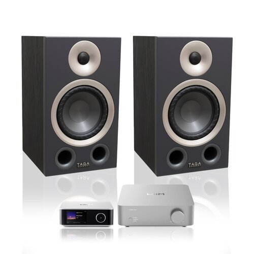 Wzmacniacz WIIM Vibelink Amp Srebrny + Streamer odtwarzacz sieciowy WIIM Ultra Srebrny + Podstawkowe kolumny głośnikowe TAGA HARMONY AZURE B-40 v.3 Czarne (2 szt.), Obudowa MDF, Taga Dynamic Surround Control