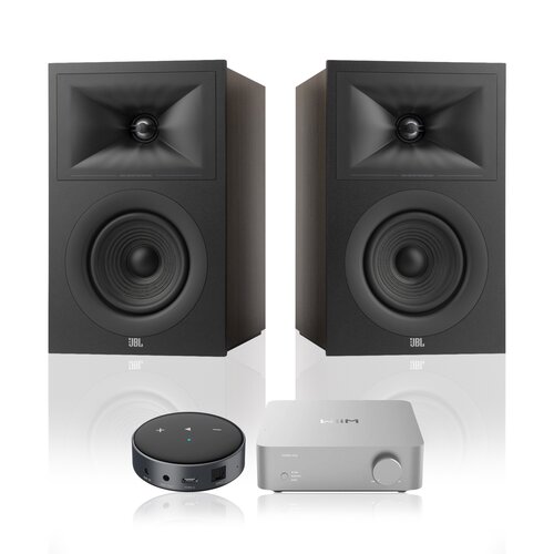 Wzmacniacz WIIM Vibelink Amp Srebrny + Odtwarzacz sieciowy ARYLIC WiiM Mini Czarny + Podstawkowe kolumny głośnikowe JBL STAGE 2 250B Czarne (2 szt.), Obudowa MDF, Bas Reflex, Tweeter z anodyzowanego aluminium