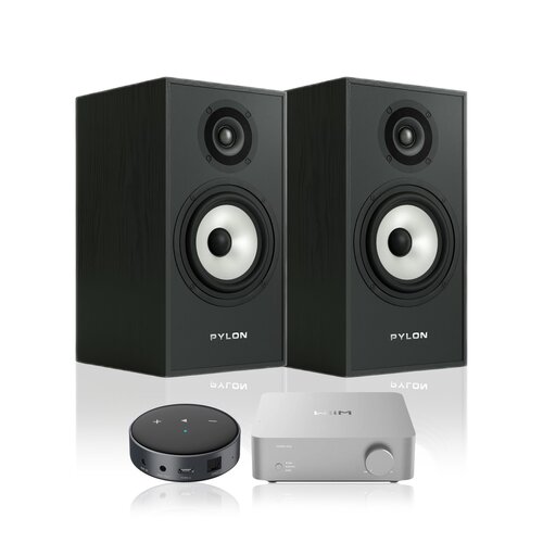 Wzmacniacz WIIM Vibelink Amp Srebrny + Odtwarzacz sieciowy ARYLIC WiiM Mini Czarny + Kolumny głośnikowe PYLON AUDIO Pearl Monitor Czarny jesion (2 szt.)