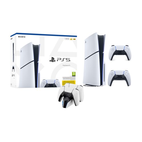 Konsola SONY PlayStation 5 Slim E-chassis + Stacja ładująca MAD DOG GPC500 Biały do gamepadów PlayStation 5/PS5 + Kontroler SONY DualSense Biały
