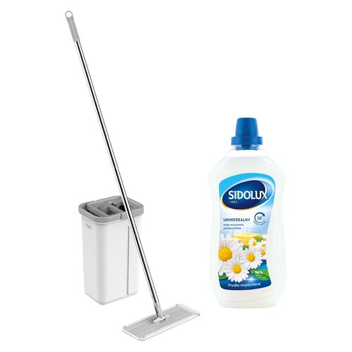 Mop płaski TEESA New Clean R13 Biało-szary + 2 wkłady + Płyn do mycia podłóg SIDOLUX Mydło Marsylskie 1000 ml