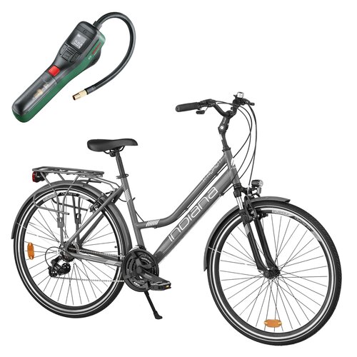 Rower trekkingowy INDIANA X-Road 1.1 D19 28 cali damski Szary + Pompka rowerowa BOSCH EasyPump 0603947000