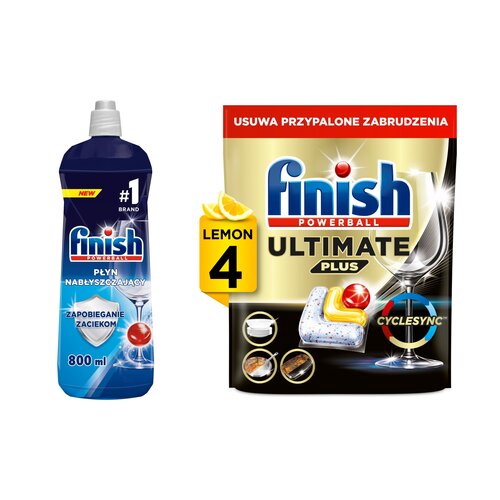 Nabłyszczacz do zmywarek FINISH 800 ml + Kapsułki do zmywarek FINISH Powerball Ultimate Plus All In 1 Lemon - 4 szt.