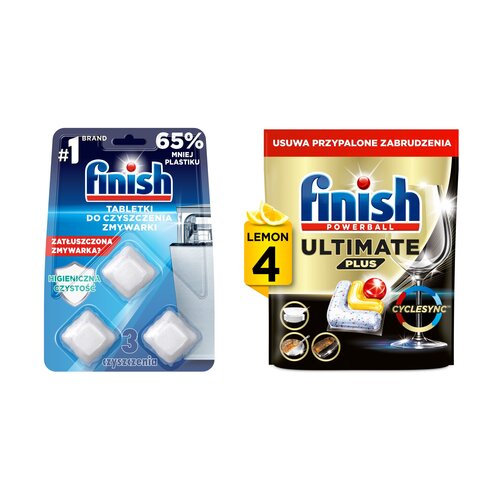Tabletki do czyszczenia zmywarki FINISH Regular - 3 szt. + Kapsułki do zmywarek FINISH Powerball Ultimate Plus All In 1 Lemon - 4 szt.