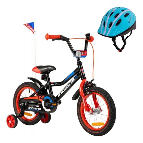 Rower dziecięcy INDIANA Rock Kid 14 cali dla chłopca Czarny + Kask rowerowy VÖGEL VKA-910B Niebieski dla Dzieci (rozmiar S)