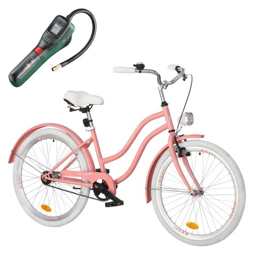 Rower młodzieżowy INDIANA X-Cruiser Jr 24 cale dla dziewczynki Różowy + Pompka rowerowa BOSCH EasyPump 0603947000