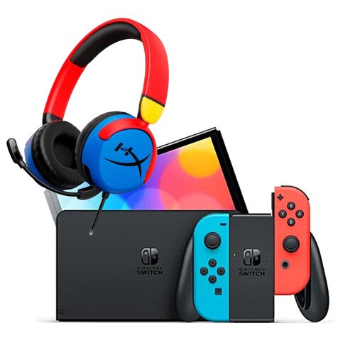 Konsola NINTENDO Switch Oled Czerwono-niebieska + Słuchawki HYPERX Cloud Mini Nauszne Wielokolorowy