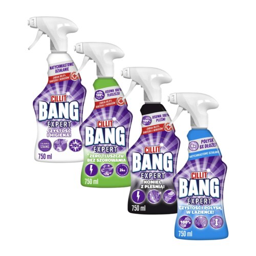Płyn do czyszczenia kuchni CILLIT BANG Degreaser Without Scrubbing + Płyn do czyszczenia łazienki CILLIT BANG Pleśń i czarne osady, Czystość Połysk w Łazience Spray, Wybielanie i higiena 4 x 750 ml