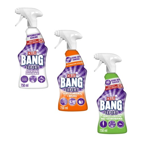 Płyn do czyszczenia łazienki CILLIT BANG Wybielanie i higiena, Kamień i brud 2 x 750 ml + Płyn do czyszczenia kuchni CILLIT BANG Degreaser Without Scrubbing 750 ml
