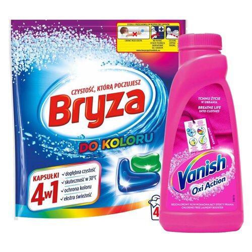 Odplamiacz do prania VANISH Oxi Action 500 ml + Kapsułki do prania BRYZA 4w1 Kolor - 40 szt.