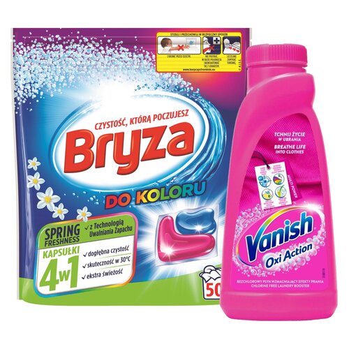 Odplamiacz do prania VANISH Oxi Action 500 ml + Kapsułki do prania BRYZA 4 w 1 Spring Freshness - 50 szt.