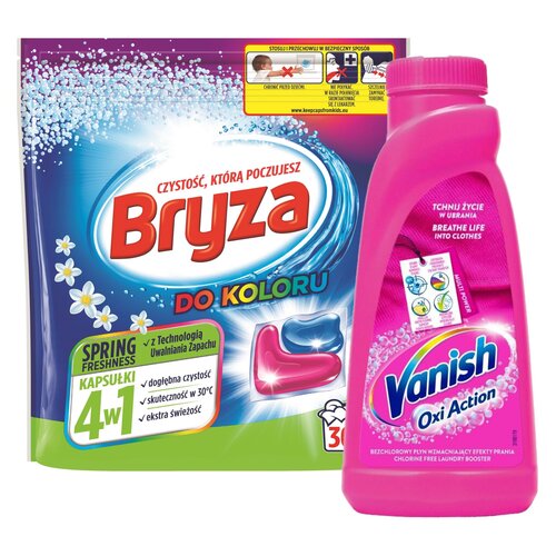 Odplamiacz do prania VANISH Oxi Action 500 ml + Kapsułki do prania BRYZA 4 w 1 Spring Freshness - 30 szt.
