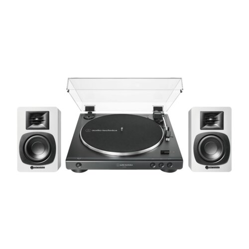 Zestaw Stereo Gramofon Audio-Technica A-T LP60X  + Aktywne Kolumny Podstawkowe Audii-Technica A-T SP3 X CZ+BIAŁY