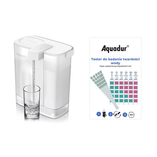 Dzbanek filtrujący PHILIPS Micro X-Clean AWP2980WH/58 Biały + Paskowy tester twardości wody AQUADUR 5-25 (5 szt.)