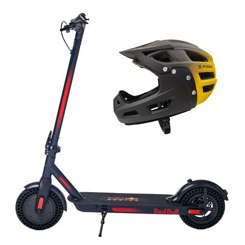Hulajnoga elektryczna RED BULL Racing 10 30km 350W 10" Niebiesko-czerwony + Kask rowerowy XRIDER XR00KFH01 Czarno-żółty MTB (rozmiar S)
