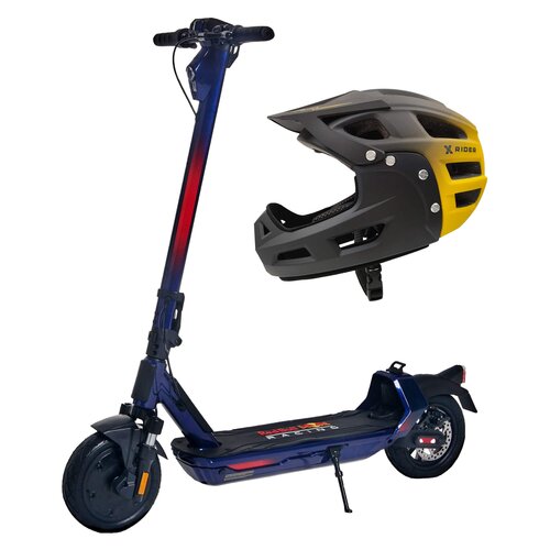 Hulajnoga elektryczna RED BULL Racing 10 RB-RTEN10-104 40km 350W Amortyzacja 10" Niebieski + Kask rowerowy XRIDER XR00KFH01 Czarno-żółty MTB (rozmiar S)