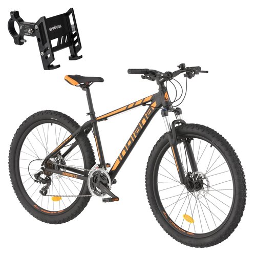 Rower górski MTB INDIANA X-Enduro 2.7 M17 27.5 cala (TY-510/RD-TY300D) męski Czarno-pomarańczowy + Uchwyt na telefon do roweru VÖGEL VUC601