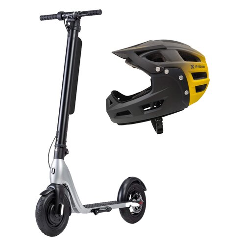 Hulajnoga elektryczna JIVR Scooter Plus 50km 350W 10" Czarno-srebrny + Kask rowerowy XRIDER XR00KFH01 Czarno-żółty MTB (rozmiar S)