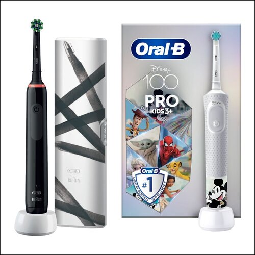 Szczoteczka rotacyjna ORAL-B Pro 3 3500 Black Edition + Szczoteczka rotacyjna ORAL-B Kids Pro Kraina Lodu + Etui