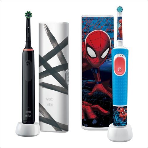 Szczoteczka rotacyjna ORAL-B Pro 3 3500 Black Edition + Szczoteczka rotacyjna ORAL-B Kids Pro Spiderman + Etui
