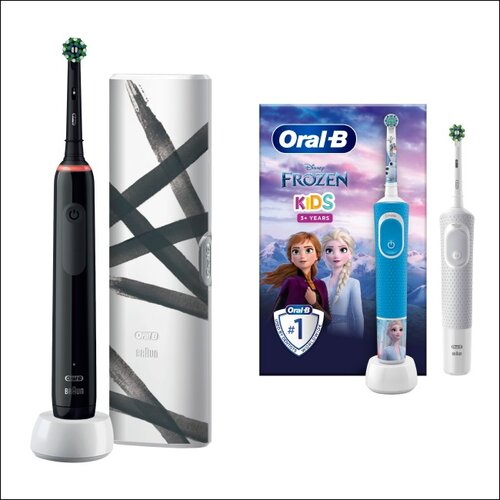 Szczoteczka rotacyjna ORAL-B Pro 3 3500 Black Edition + Szczoteczka rotacyjna ORAL-B D100 Kids Frozen + D103