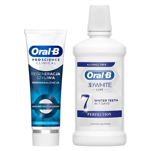 Płyn do płukania jamy ustnej ORAL-B 3D White Luxe Perfection 500 ml + Pasta do zębów ORAL-B Pro Science Clinical Regeneration Iintensive Clean 75 ml